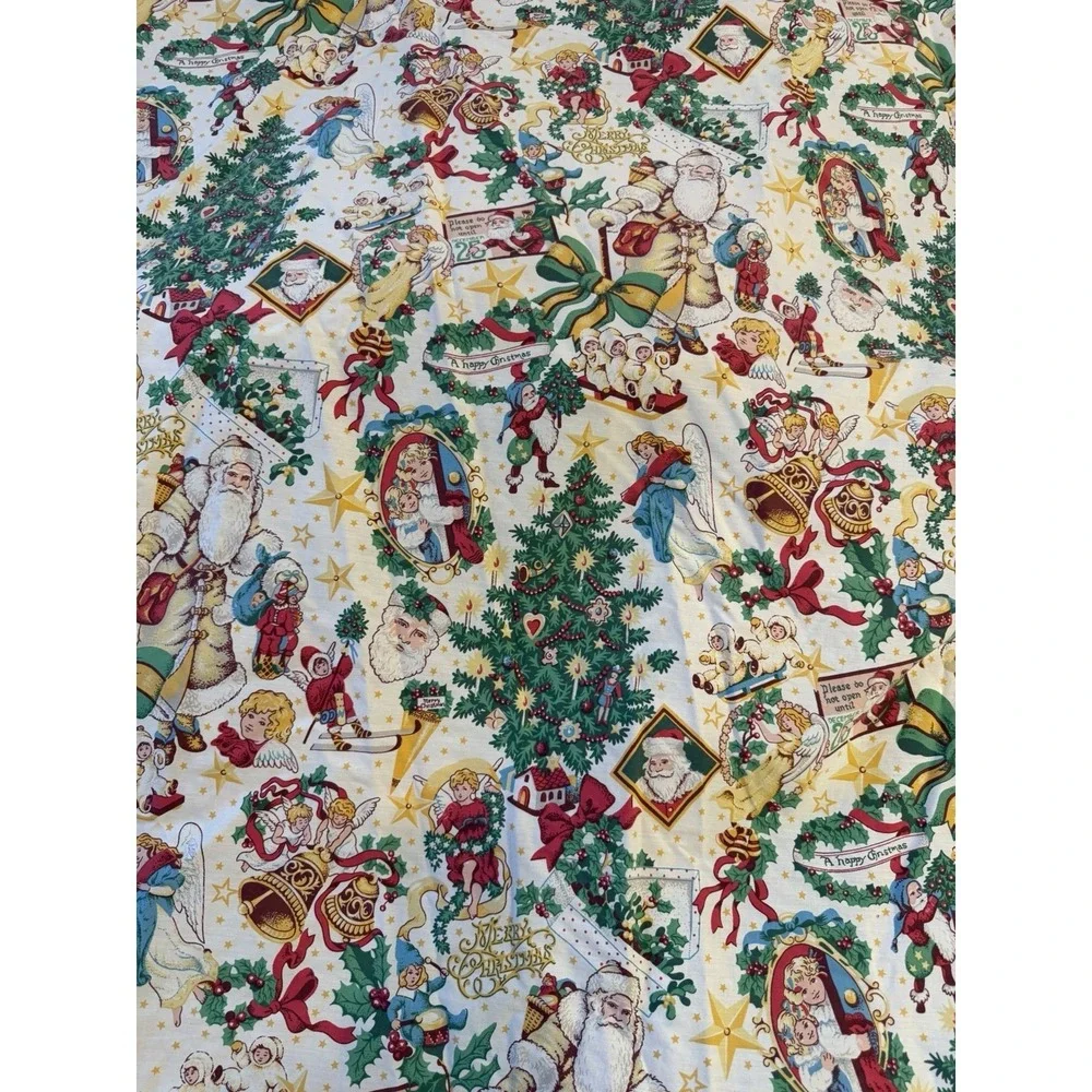 Vintage Christmas Flat Sheet King Size 103x101 Santa Angels Holiday Bedding